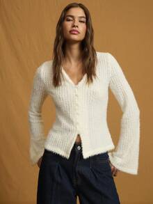 Nöista 纹理针织开衫，修身廓形，V 领，纽扣开合，适合秋季、办公室、休闲 - 米色 - 查看 4