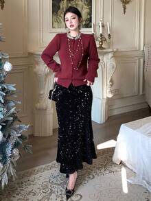 DAZY Women's Elegant Solid Color Rhinestone Embellished Cardigan, Autumn,New Year,Christmas