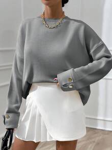 EURMUSE 女士双袖纽扣细节超大号冬季厚毛衣，温暖触感 - 灰色 - 查看 7