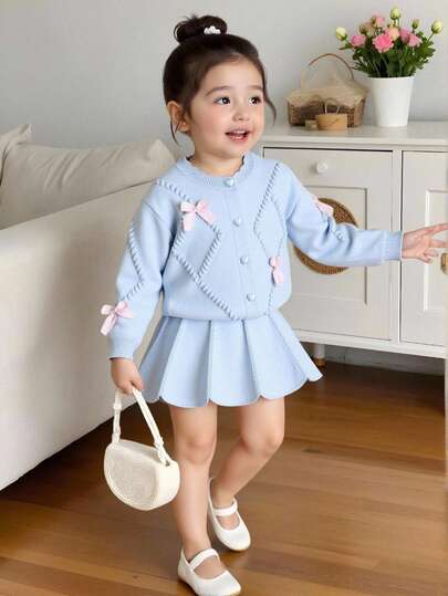 Souflis Souflis Baby Girl Bow Decor Long Sleeve Knit Cardigan And Knit Skirt 2 Piece Set Light Blue Matching Set Toddler Girl Baby Girl Blue Sweater Set 2 Piece Toddler Girl Outfit Fall Winter