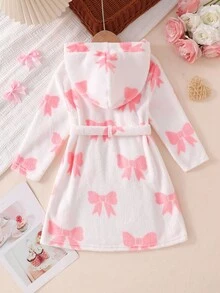 Girls' White Bow Print Long Sleeve Hooded Robe Sleepwear Cute Robes Toddler Robe Girl Bath Robe For Girls - Pink - View 2