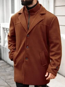 Manfinity Homme Men's Plus Size Zip Collar Long Sleeve Buttons Fashion Formal Business Knit Coat, Business Casual Coat For Going Out, Gifts For Friends, Husbands, Boyfriends Brown Outfit For Men Fall Clothes For Men Men Outerwear Brown Jacket Men Coat