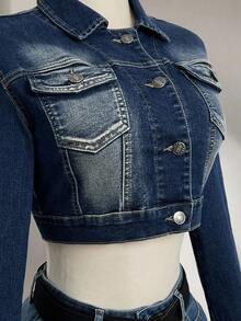 Elamini Women's Casual Fashion Street Snap Flap Pocket Cropped Denim Jacket, Spring/Autumn - Blue - View 4