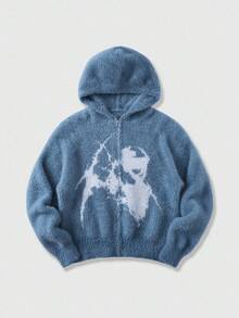 ROMWE MEN Street Life Cárdigan con capucha y estampado minimalista para hombre, otoño/invierno - Azul y blanco - Ver 1