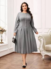 Modelyn Đầm xòe thanh lịch cổ tròn tay dài màu trơn cỡ lớn cho nữ, thiết kế nút kim loại, viền xếp ly - Màu xám đen - Xem 6