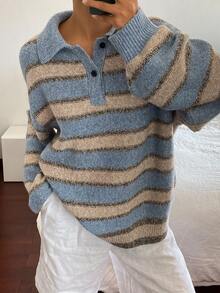 Livesso 女式休闲条纹纽扣长袖毛衣 - 藍色 - 查看 2