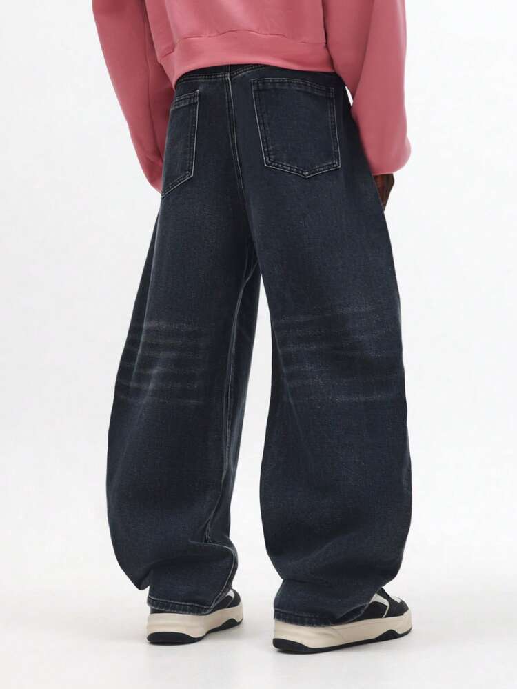 Wide Leg Vintage Washed Denim Jeans With Straight Cut