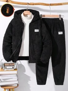 SHEIN Bộ 2 áo khoác hoodie thêu họa tiết thường ngày và quần jogger cho trẻ em/bé trai, thoải mái và đa năng - màu đen - Xem 3