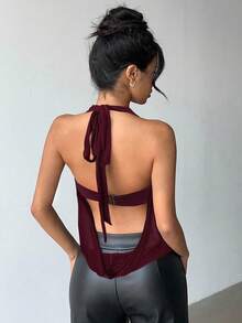 Aloruh 深酒红色新款性感半透明深V领露背吊带上衣，饰以现代金属装饰，时尚假日女装，适合度假、夏季、春季街头风穿搭。 - 紫紅色 - 查看 3