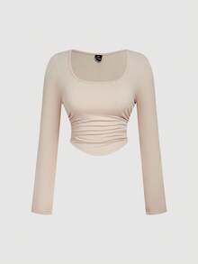 SHEIN MOD 3 Pack Plus Size Women's Square Neck Bodycon Long Sleeve Crop Tops,3pcs Pleated Smart Casual Everyday T-Shirt Set,Autumn Fall Winter ,Black - Multicolor - View 3