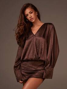 Athîral 女式优雅纯色长袖迷你连衣裙 - 棕色 - 查看 1