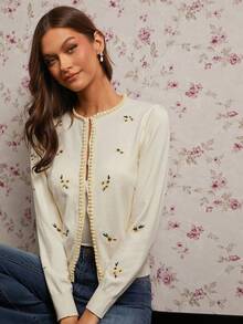 Enchnt 女士花卉刺绣长袖宽松休闲针织开衫 - 米色 - 查看 4