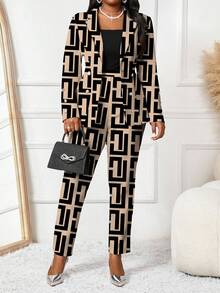 SHEIN Lady 秋冬优雅针织翻领纽扣长袖大码蓬松外套 - 彩色 - 查看 3