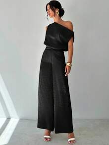 Conjunto de blusa suelta asimétrica sin hombros con baño de oro sin mangas y pantalones de pierna ancha con cintura elástica, adecuado para citas, fiestas, viajes diarios, festivales - Negro - Ver 4