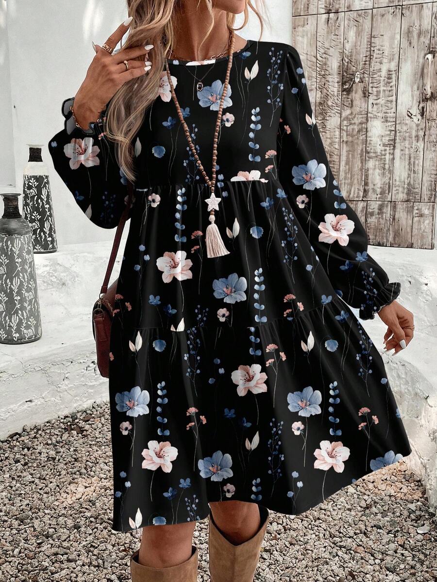 EMERY ROSE 休闲复古风格黑色花卉印花优雅女士中长连衣裙，适合秋冬穿着 - 彩色 - 查看 1