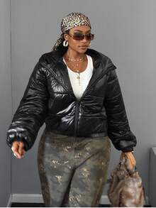 Maweii Plus Size Women's Solid Color Long Sleeve Zipper Front Hooded Casual Winter Jacket