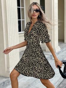 SHEIN Frenchy Women's Casual Summer Leopard Print Mini Dress Brown Cheetah