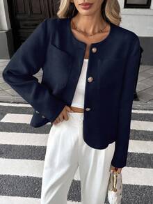 Pariaura 优雅法式编织圆领长袖常规版型女士绿色夹克，夏季新品 - 藏蓝色 - 查看 6