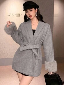 DAZY 女士羊毛大衣，配有毛绒拼布纯色抽绳腰带，适合情人节夹克 - 灰色 - 查看 4