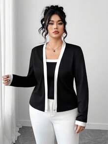 Elenzga Plus Size Elegant Commuter Color Block Trim Jacket & Camisole 2 Pieces Set - Black and White - View 4