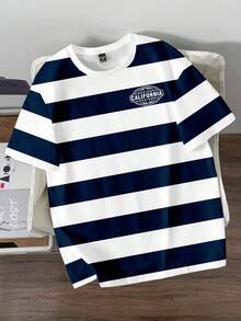 Manfinity Joysei 时尚休闲复古撞色条纹数码印花男士T恤 男士条纹T恤 男士短袖T恤 男士T恤 男士休闲T恤 男士夏季T恤 男士条纹上衣 男士休闲T恤 - 彩色 - 查看 1