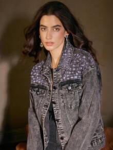 Anewsta Giacca di jeans nera con decorazioni di diamanti, adatta per autunno/inverno, Natale, Capodanno, feste, elegante, di lusso, formale, chic, laurea - nero - Visualizzare 7