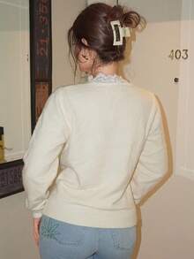 DAZY Women's Lace Patchwork Rhinestone V-Neck Sweater, Autumn - Beige - View 2