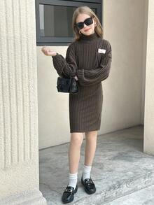 SHEIN Tween Girls' Autumn Back To School Outfit - Soft Textured Ribbed Knit Loose Turtleneck Cropped Sweatshirt & Fitted Camisole Dress 2-Piece Set - Coffee Brown - View 5