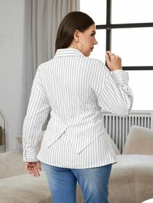 Modelyn Plus Size Fashionable Commuter Striped Wrap Shirt - White - View 2