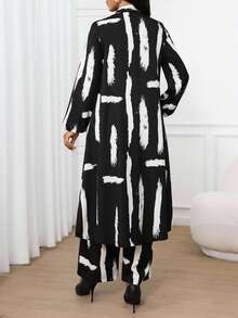 SHEIN Lady Conjunto de 2 piezas de camisa de manga obispo con bolsillo y pantalón, elegante y casual para primavera, verano, otoño e invierno, apto para vacaciones, iglesia, oficina y uso diario - Blanco y Negro - Ver 2