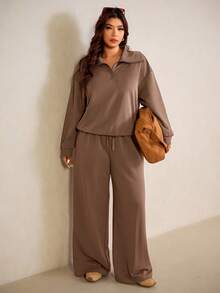 Elaquor Plus Size Women Solid Color Drop Shoulder Long Sleeve Zip-Up Half Placket Hoodie And Pants Casual 2 Pieces Set Spring - Coffee Brown - View 7