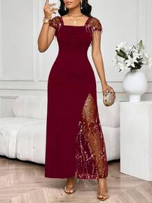 SHEIN Lady 2025 New Party Banquet Contrast Sequin Mesh Lace Trim Fitted Burgundy Dress Birthday&Event Dresses /Office Dresses /Church Dresses/Wedding Dresses /Holiday Dresses /Elegant Dress/ Party Dress/Wedding Guest Dress Women - Burgundy - View 8