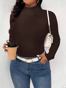 Plus Size Solid Color Turtleneck Slim Fit Sweater, Casual For Autumn/Winter - Coffee Brown - View 4