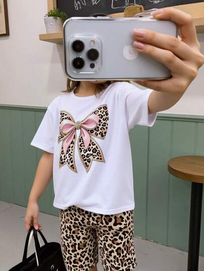 2pcs Tween Girls Leopard Print, Butterfly & Floral Pattern Casual Round Neck Short Sleeve T-Shirt & Leopard Print Fitted Shorts Set, Comfortable Loungewear & Outerwear For Summer