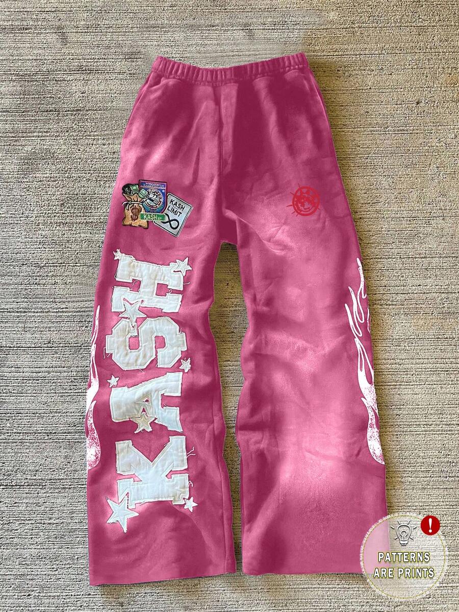 SHEIN 女式休闲字母印花松紧腰裤 - 粉色 - 查看 1