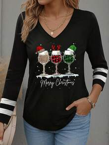EMERY ROSE Christmas Wine Glass Design Patchwork Striped Digital Print Women V-Neck Long Sleeve Base Layer T-Shirt, Spring/Autumn - Multicolor - View 3