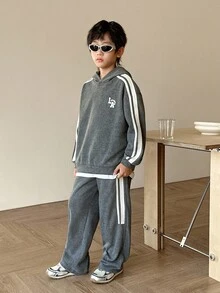 SHEIN Little Byeori 2 件青少年男童休闲街头时尚韩版雪花连帽运动衫和纯色松紧腰运动裤套装，适合返校、生日、迎婴派对、节日派对、秋冬季 - 灰色 - 查看 8