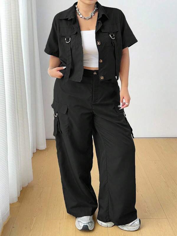 POPSWAY Conjunto de camisa y pantalones de utilidad casual de talla grande con cinturón