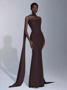 Elitara 优雅奢华浅蓝色弹力网眼船领全荷叶边亮片伴娘礼服