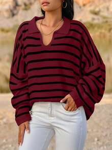SHEIN Cottnline Plus Size Striped Pattern Polo Collar Casual Long Sleeve Sweater - Burgundy - View 3