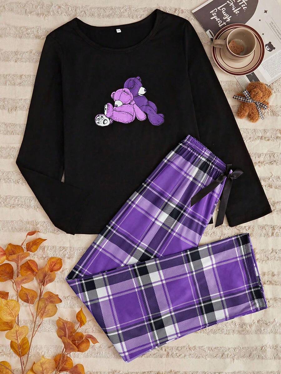 Damen Teddy Bär Muster Langarm Top und karierter Schleifendekor Allover Muster Hose Pyjama Set, Frühling/Herbst, Herbst Winter Kleidung - Verschiedenfarbig - View 1