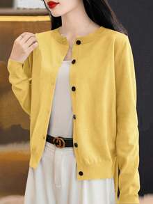 EMERY ROSE Women's Casual Everyday Commute Simple Solid Color Button-Front Cardigan, Autumn - Yellow - View 6