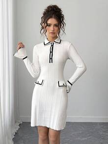 Teen Girl Fitted Waist Uneven Ribbed White Elegant Commuter Knit Fabric Comfortable Cocktail Party Dress - White - View 3