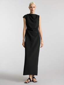 Ontre Đầm dài dáng rộng không tay màu trơn, cổ xếp ly, thắt eo thời trang thu đông dành cho nữ, thích hợp mặc đi làm trong thành phố, trang phục công sở, trang phục công sở, trang phục giáo viên, đầm thanh lịch, đầm đen, thích hợp cho lễ Halloween, Giáng sinh, tiệc tùng - màu đen - Xem 5