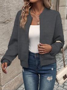 EMERY ROSE Women's Solid Color Long Sleeve Zip-Up Collar Casual Baseball Jacket - Dark Grey - View 6