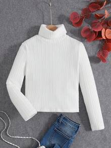 SHEIN Áo thun tay dài vải dệt kim cổ cao đơn giản cho bé gái, thích hợp cho mùa thu đông - trắng - Xem 2