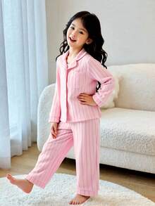 Young Girl Solid Button Front Top & Pants PJ Set - Pink - View 3