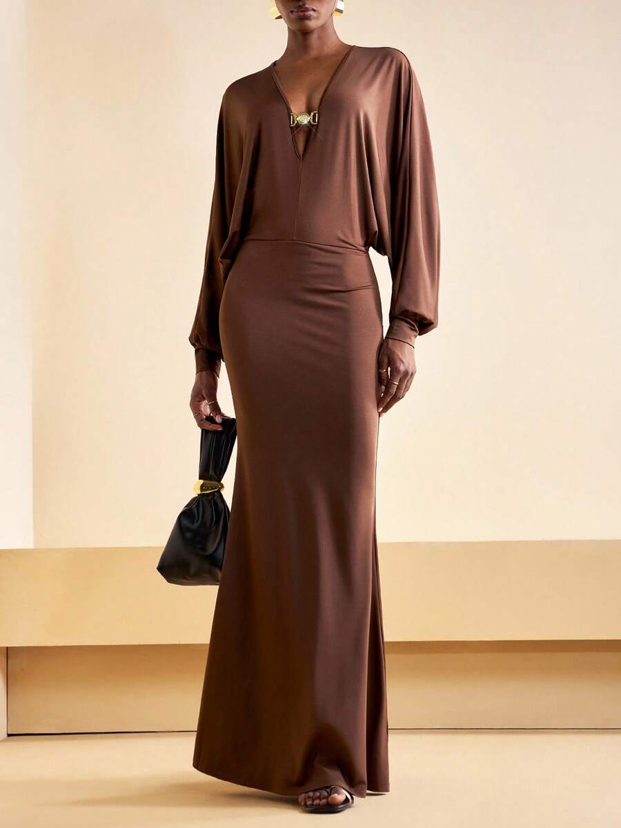 Zivah 2025 Herbst/Winter & Sommer Neuerscheinung Musikfestival, Ostern, St. Patrick's Day, Western, Nomadisch, Geburtstags-Party, Abschluss, College Stil, Student, Alltags Lässig, Basic Vielseitig, Lässig, Urlaub, Kreuzfahrt Reise, Strand, Sonnenbaden, Viral, Streetwear, Strand Urlaub/Party/Date, Fledermausärmel Tiefer V-Ausschnitt, Langarm Schlitz Midi Kleid - Braun