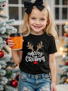 GraphicGems Tween Girls' Christmas Reindeer Horn & Letter Print Casual Loose Crew Neck T-Shirt, Holiday Outfit, Christmas Clothes, Suitable For Christmas Celebration, Black