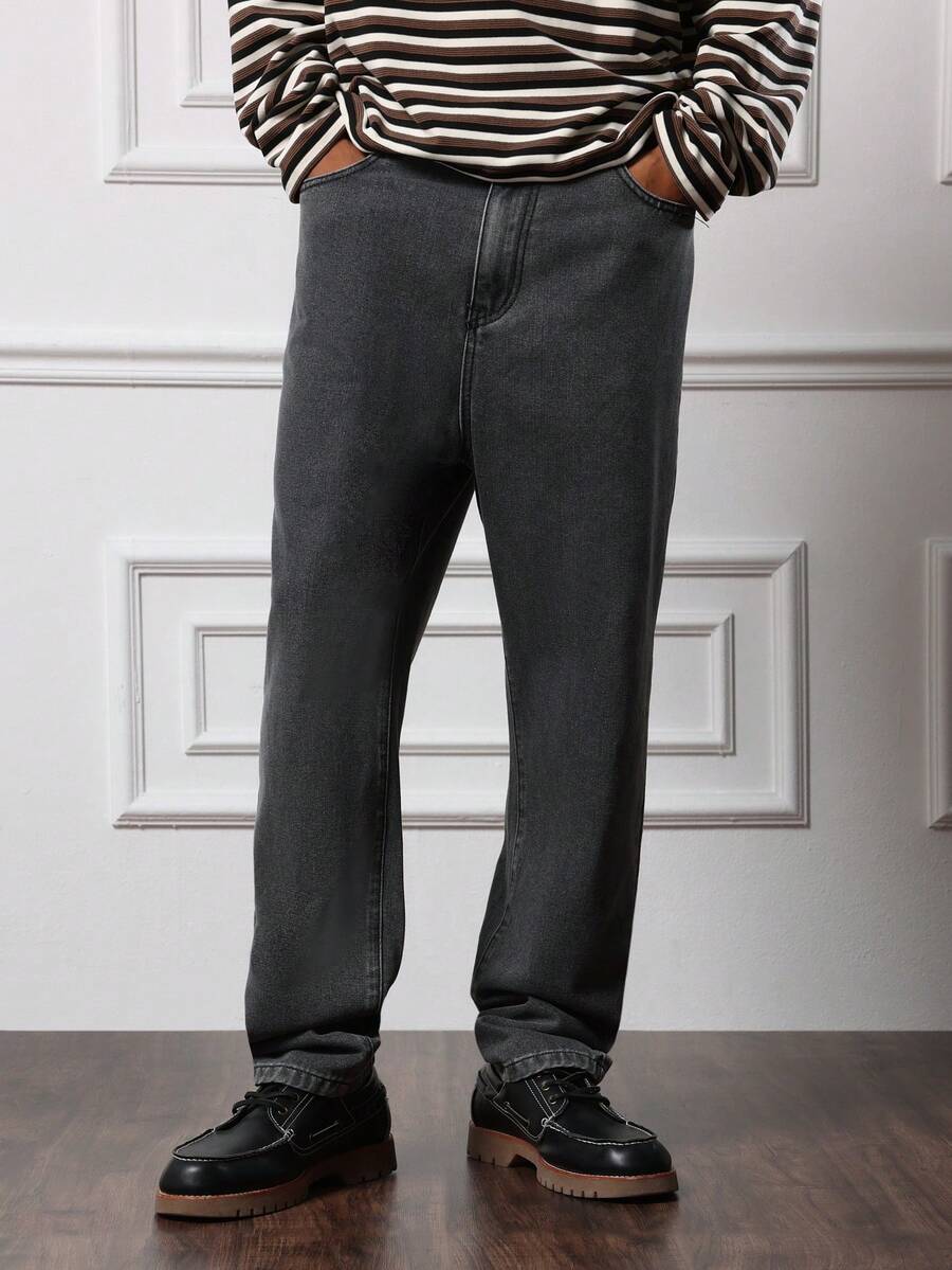 SUMWON 直筒宽松版型经典牛仔裤，带实用口袋，休闲日常，复古水洗，高级舒适 - 黑色 - 查看 1